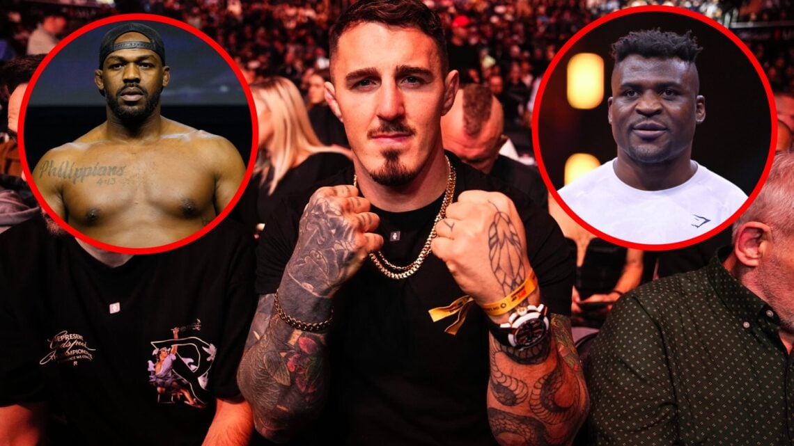 Tom Aspinall cageisde at UFC 309 with close-up insets of Jon Jones and Francis Ngannou.