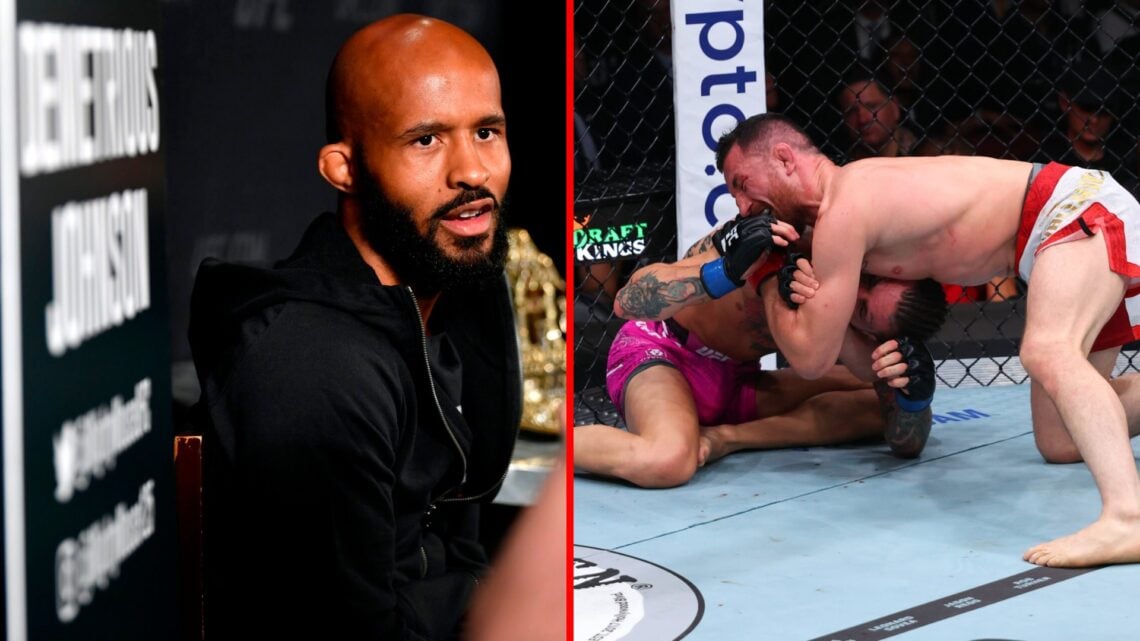 Split image of Demetrious Johnson at UFC event and Merab Dvalishvili submitting Sean O'Malley at UFC 316