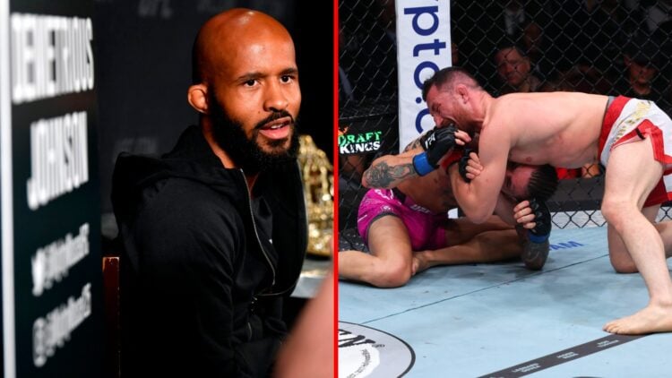 Split image of Demetrious Johnson at UFC event and Merab Dvalishvili submitting Sean O'Malley at UFC 316