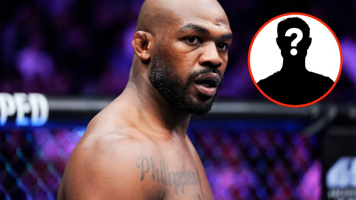 Jon Jones stares down Ciryl Gane moments before their UFC 285 fight with an inset of a mystery fighter