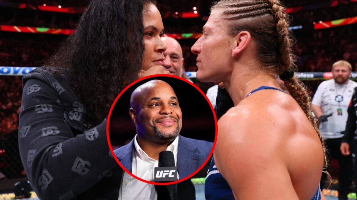 Main: Amanda Nunes and Kayla Harrison face off after the latter's title win at UFC 316. Inset: Daniel Cormier in attendance to commentate on UFC 281.