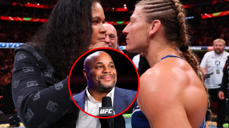 Main: Amanda Nunes and Kayla Harrison face off after the latter's title win at UFC 316. Inset: Daniel Cormier in attendance to commentate on UFC 281.