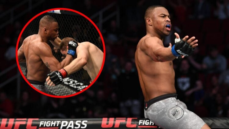 Khaos Williams celebrates UFC 247 win, inset of him punching Alex Morono.
