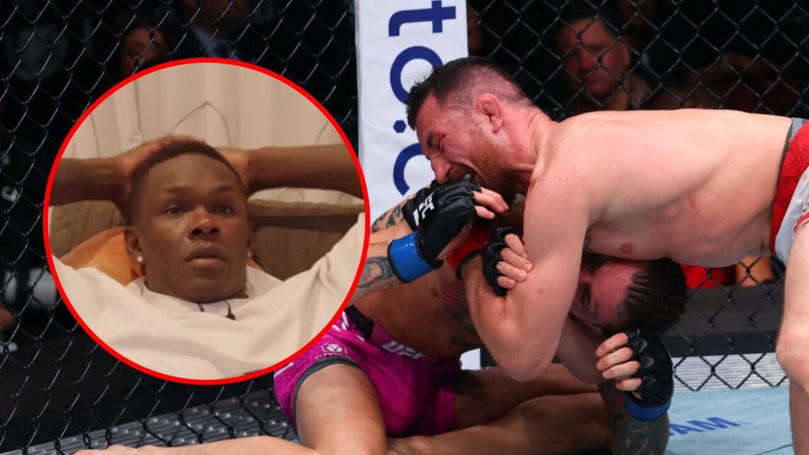 Main: Merab Dvalishvili submits Sean O'Malley in their UFC 316 title fight. Inset: Israel Adesanya reacts as Merab Dvalishvili submits Sean O'Malle...