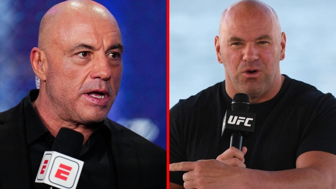 Split image of Joe Rogan speaking at UFC 313 and Dana White speaking at a UFC 254 press conference.