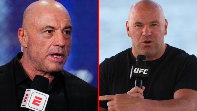 Split image of Joe Rogan speaking at UFC 313 and Dana White speaking at a UFC 254 press conference.
