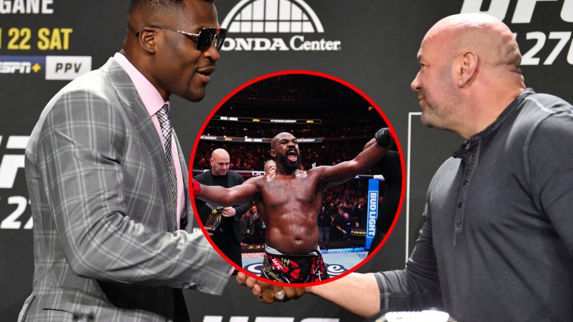 Main: Francis Ngannou shakes Dana White's hand at the UFC 270 press conference. Inset: Jon Jones celebrates his win over Stipe Miocic at UFC 309.