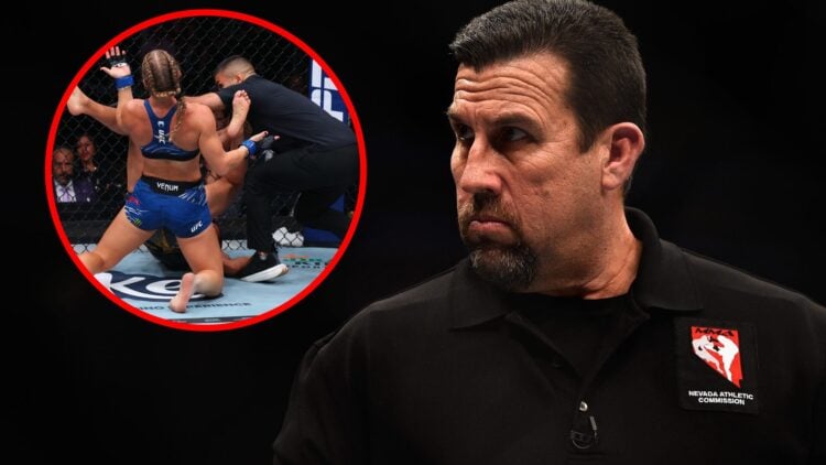 Image of referee John McCarthy at UFC 207 with an inset of Kayla Harrison reacting to being fouled at UFC 316.
