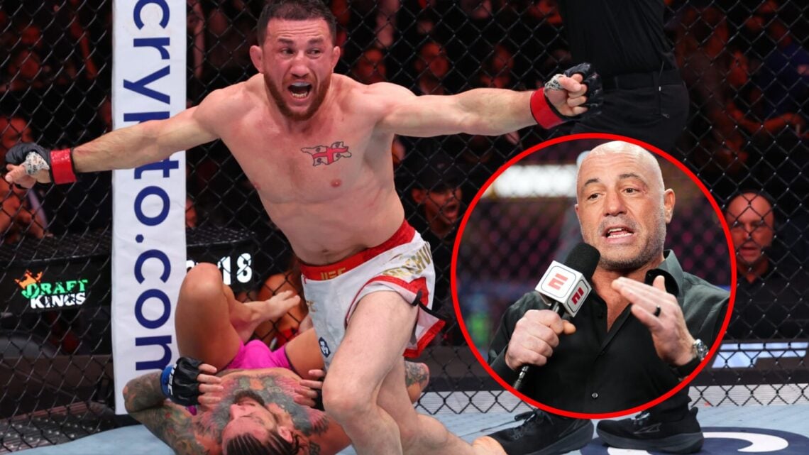 Main: Merab Dvalishvili celebrates after submitting Sean O'Malley in their title fight at UFC 316. Inset: Joe Rogan speaks while cageside to commen...