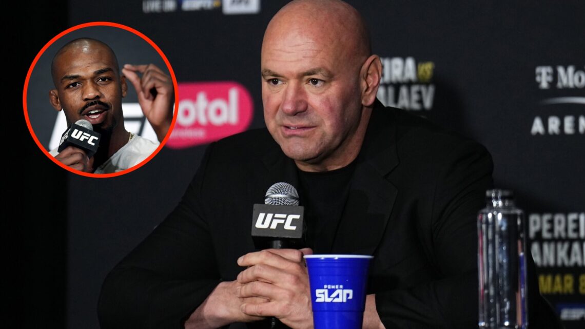 Dana White talks to the media at UFC 313 with an inset of Jon Jones answering questions at the UFC 232 press conference
