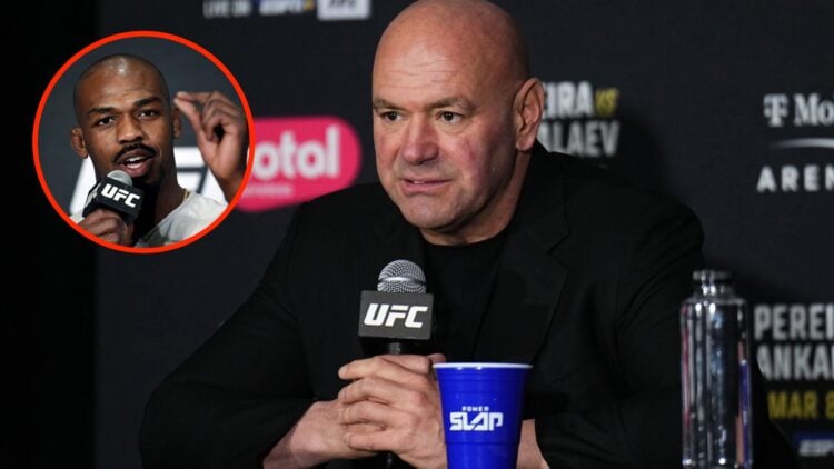 Dana White talks to the media at UFC 313 with an inset of Jon Jones answering questions at the UFC 232 press conference