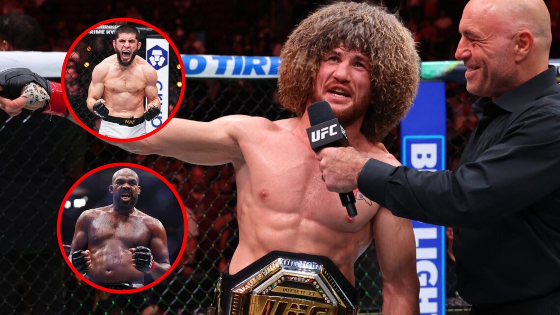 Main: Merab Dvalishvili celebrates his win over Sean O'Malley at UFC 316. Top Inset: Islam Makhachev celebrates his win over Renato Moicano at UFC ...
