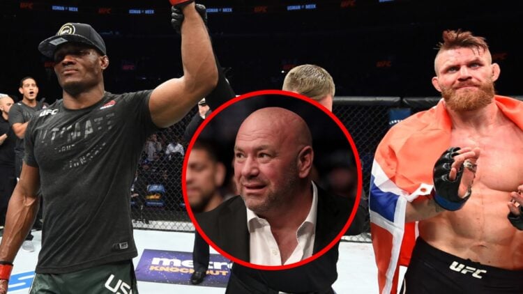 Kamaru Usman gets his hand raised over Emil Meek in St. Louis, Missouri, inset Dana White looks on during UFC 261
