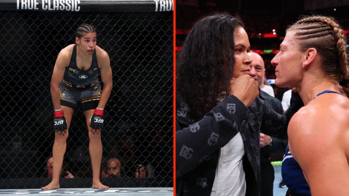 Julianna Pena during her UFC 316 title fight split with Kayla Harrison and Amanda Nunes facing off following the UFC 316 co-main event