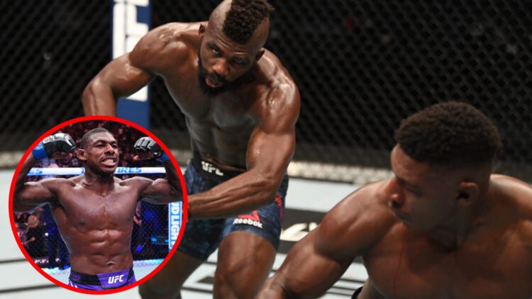 Joaquin Buckley knocks out Impa Kasanganay in Abu Dhabi, inset Buckley celebrates after beating Stephen Thompson at UFC 307