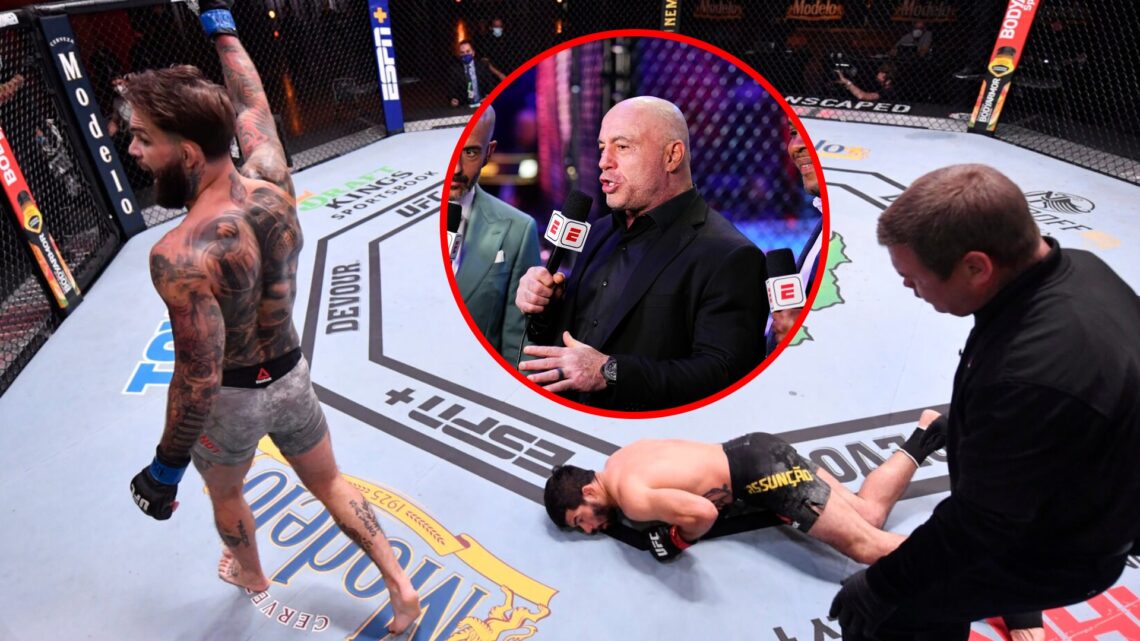 Main: Cody Garbrandt celebrates after knocking out Raphael Assuncao at UFC 250. Inset: Joe Rogan alongside Daniel Cormier and Jon Anik to commentat...