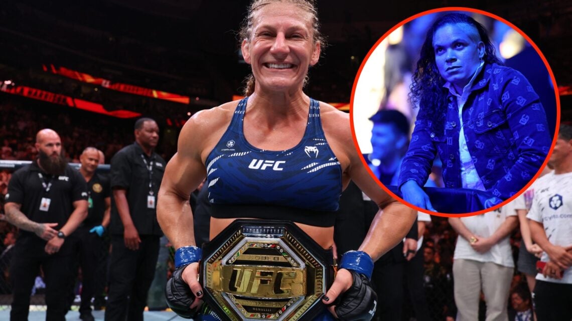 Kayla Harrison poses with the title following UFC 316 win with an inset of Amanda Nunes watching on from the crowd