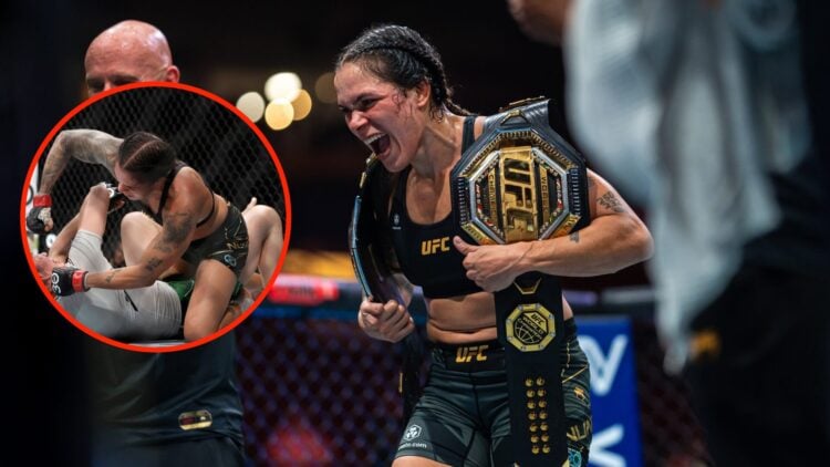 Amanda Nunes celebrates her victory over Irene Aladana at UFC 289, with an overlay of Nunes mounting Aldana at the event