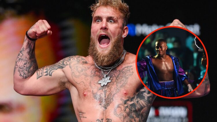 Jake Paul screams during the weigh in before his fight against Mike Tyson, with an overlay of Deji in the boxing ring