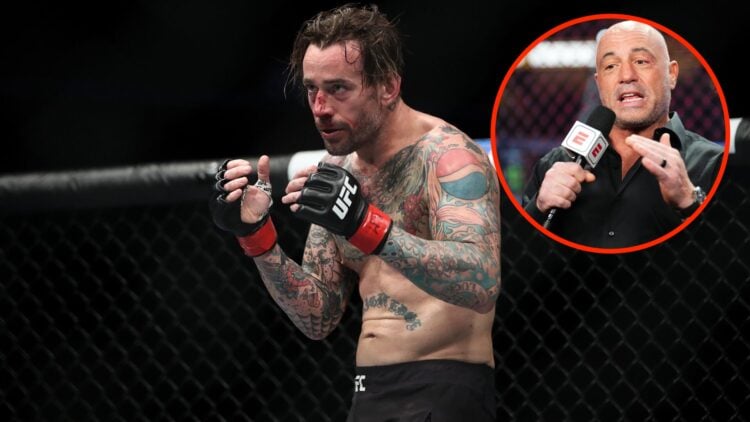 CM Punk during his UFC 225 fight against Mike Davis with an inset of Joe Rogan commentating cageside at UFC 290