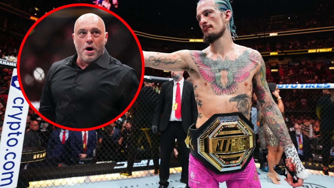 Sean O'Malley celebrates his UFC 299 win, inset Joe Rogan shocked at UFC 300.