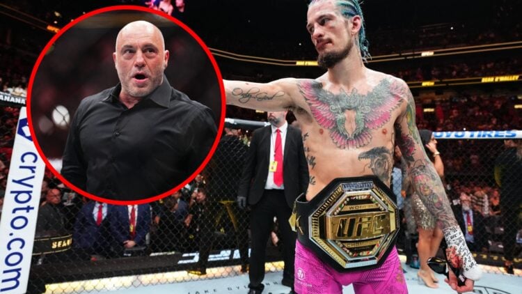 Sean O'Malley celebrates his UFC 299 win, inset Joe Rogan shocked at UFC 300.