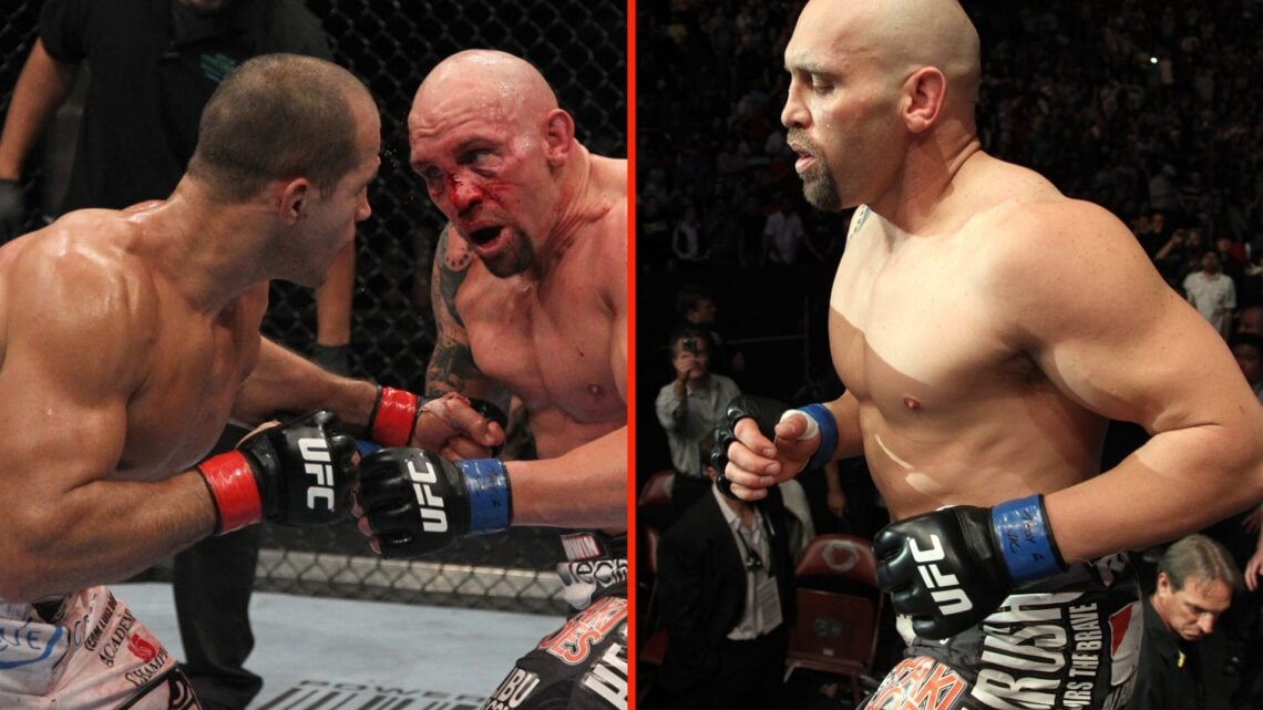 Shane Carwin grapples with Junior Dos Santos at UFC 131 and Shane Carwin walks into the octagon for his fight with Junior Dos Santos