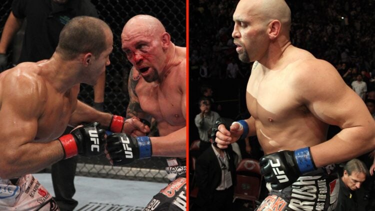Shane Carwin grapples with Junior Dos Santos at UFC 131 and Shane Carwin walks into the octagon for his fight with Junior Dos Santos