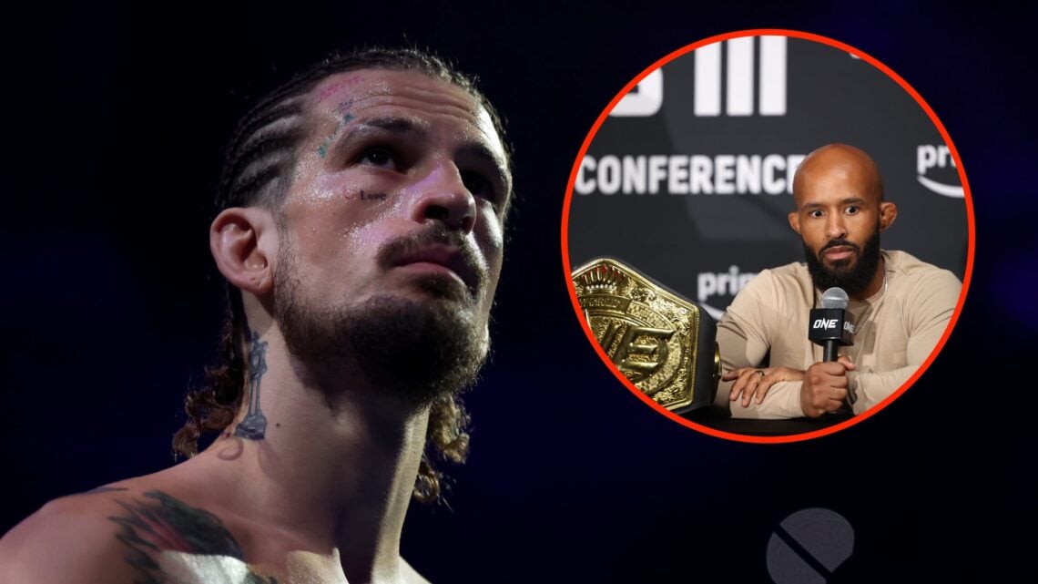 Sean O'Malley moments before UFC 316 fight with an inset of Demetrious Johnson speaking to the media at ONE Championship Fight Night 10
