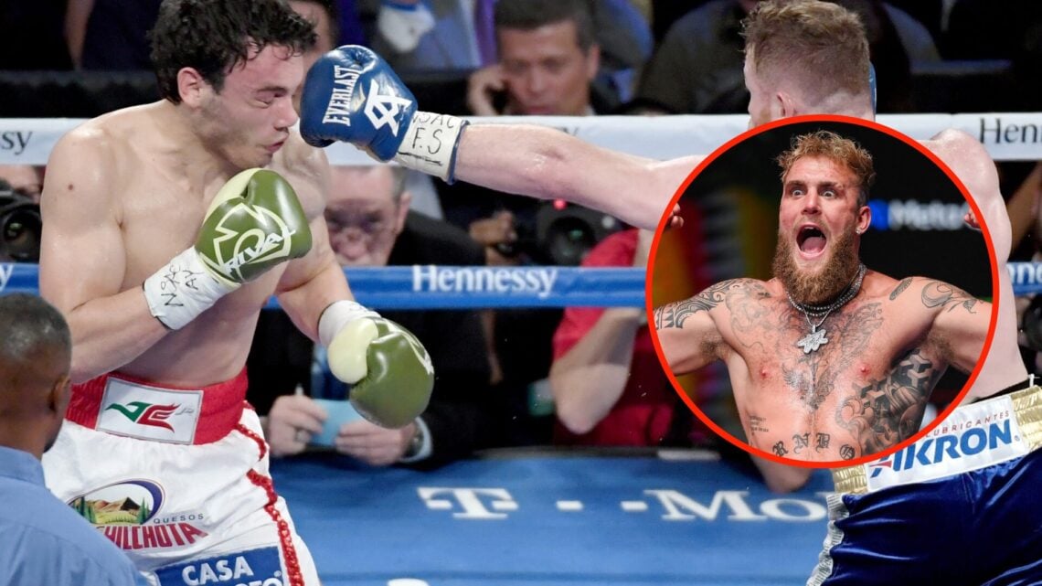 Canelo Alvarez hits a left jab on Julio Cesar Chavez Jr. with an overlay of Jake Paul at the weight for his fight with Mike Tyson