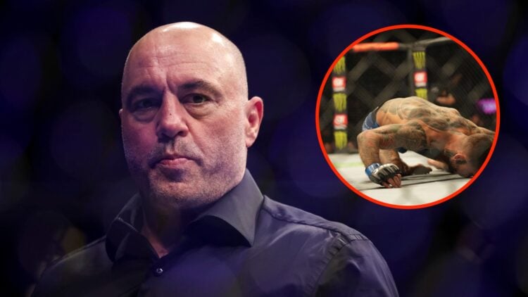 Joe Rogan during UFC 273 with an inset of Cody Garbrandt suffering a brutal KO loss to Kai Kara-France at UFC 269