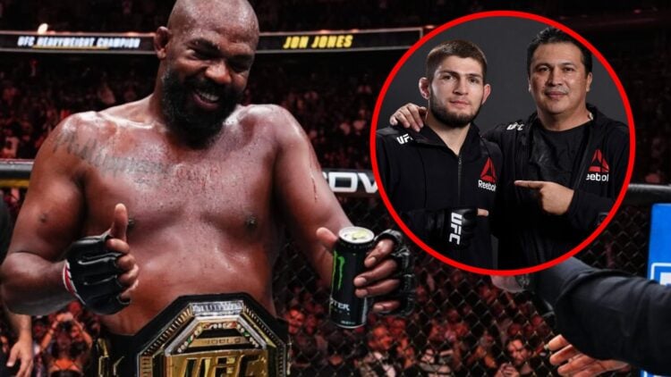 Jon Jones dances after his UFC 309, inset Khabib Nurmagomedov with his coach Javier Mendez.