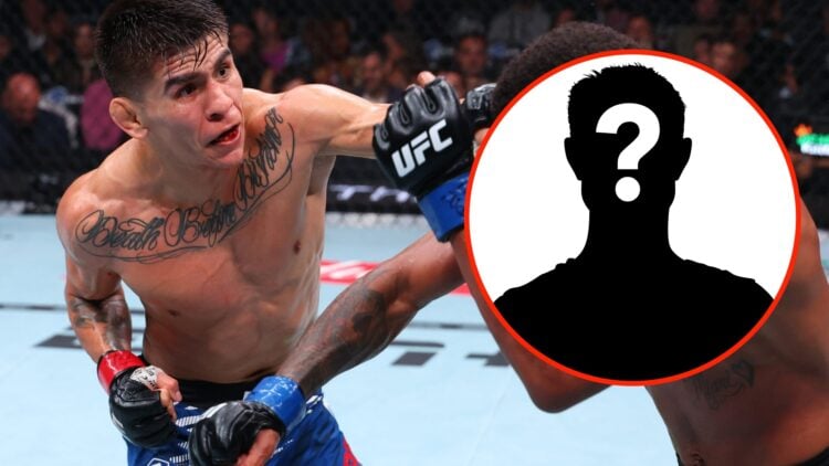 Mario Bautista punches Patchy Mix during their UFC 316 fight, with a mystery insert