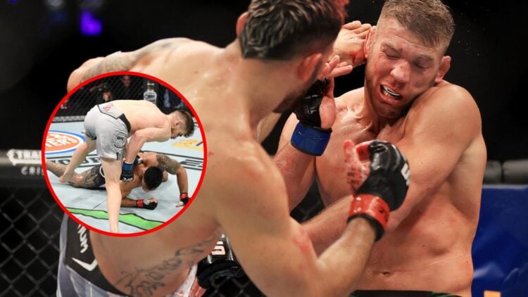 Main: Brad Tavares lands a head kick on Dricus du Plessis during their fight at UFC 276. Inset: Edmen Shahbazyan punches Brad Tavares during their ...