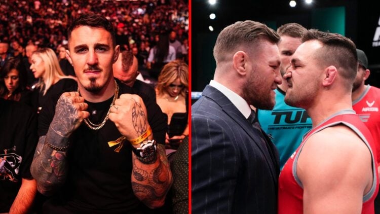 Split image of Tom Aspinall at UFC 309 and Michael Chandler facing off with Conor McGregor