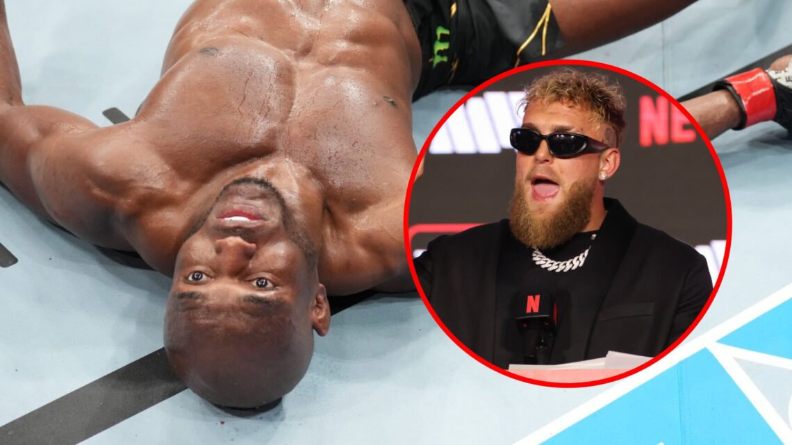 Main: Kamaru Usman after getting knocked out by Leon Edwards at UFC 278. Inset: Jake Paul speaks with the media during a press conference for Katie...