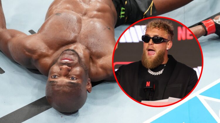 Main: Kamaru Usman after getting knocked out by Leon Edwards at UFC 278. Inset: Jake Paul speaks with the media during a press conference for Katie...