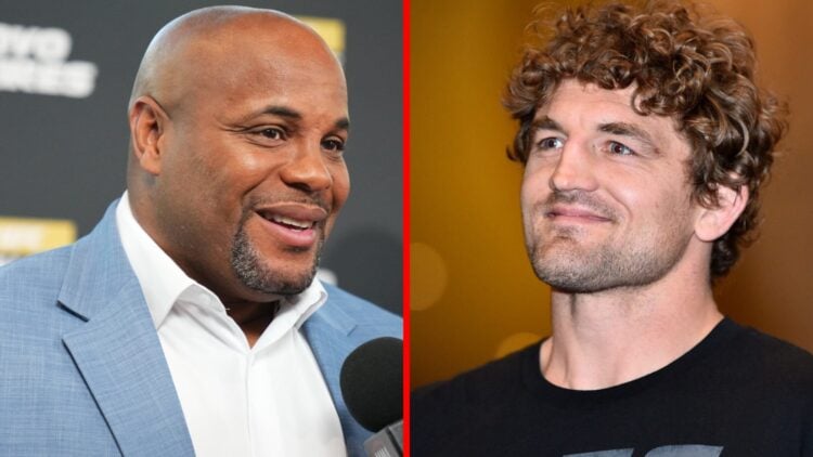 Daniel Cormier speaks on a red carpet, Ben Askren smiles at a UFC open workout.