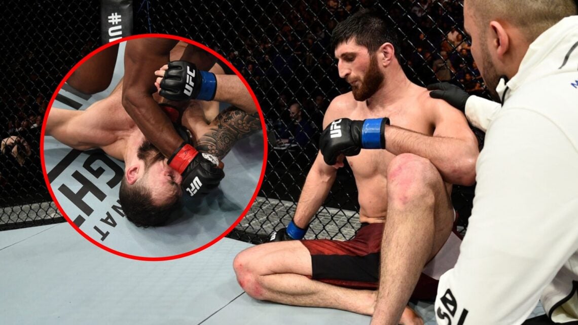 Main: Magomed Ankalaev reacts after suffering his first loss against Paul Craig at UFC London. Inset: Alonzo Menifield punches Paul Craig during th...