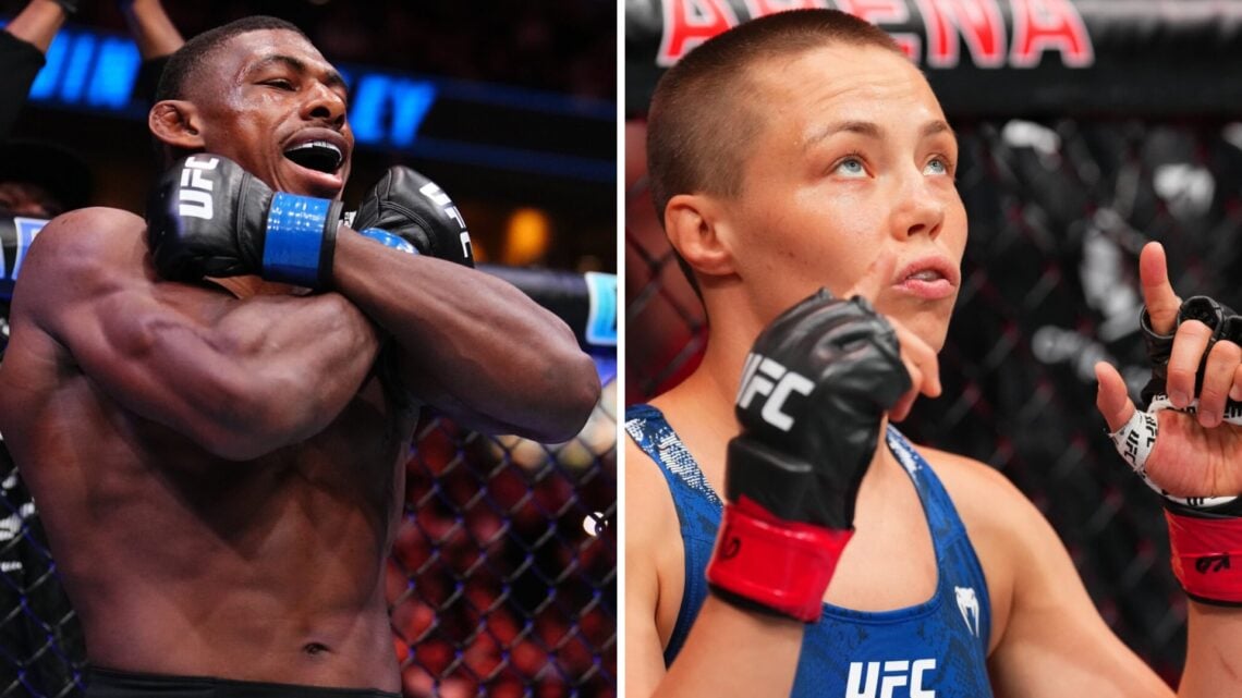 Joaquin Buckley poses before his fight with Colby Covington in Tampa and Rose Namajunas reacts to her fighter intro at UFC Denver for her fight vs....