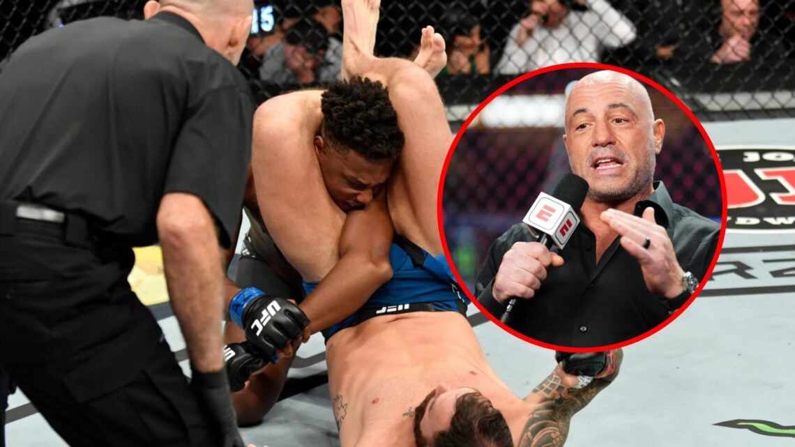 Main: Paul Craig dislocates Jamahal Hill's elbow with an armbar during their fight at UFC 263. Inset: Joe Rogan speaks while cageside to commentate...