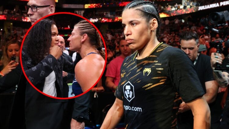 Main: Julianna Pena walks to the Octagon for her title fight against Kayla Harrison at UFC 316. Inset: Amanda Nunes and Kayla Harrison face off ins...