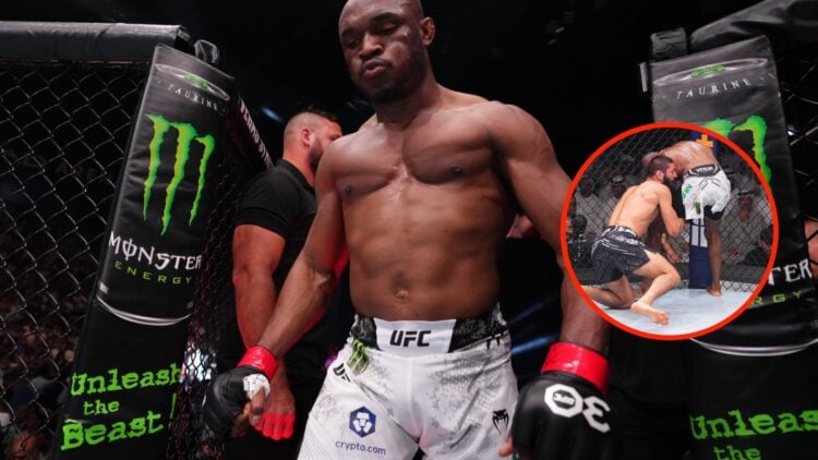 Kamaru Usman walks to the octagon before his fight at UFC 294, and Khanzat Chimaev targets Usman's knee during their fight