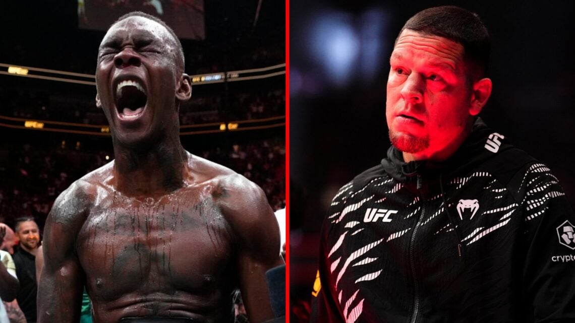 Left: Israel Adesanya during his post-fight interview with Joe Rogan at UFC 287. Right: Nate Diaz in the corner of his teammate Kron Gracie at UFC ...