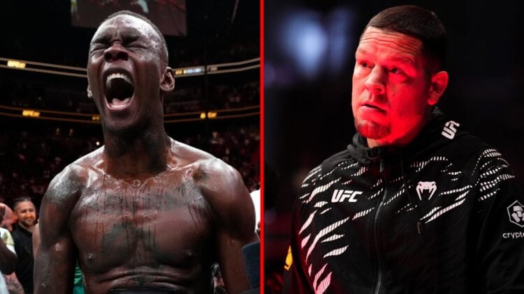 Left: Israel Adesanya during his post-fight interview with Joe Rogan at UFC 287. Right: Nate Diaz in the corner of his teammate Kron Gracie at UFC ...