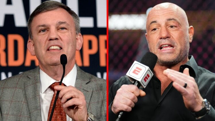 Split image of Teddy Atlas speaking at a boxing press conference, and Joe Rogan speaking at UFC 290