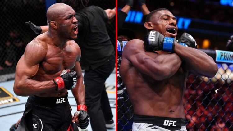 Split image of Kamaru Usman at UFC 258 and Joaquin Buckley at UFC Tampa