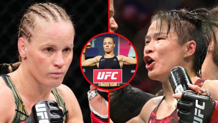 Left: Valentina Shevchenko during her title fight against Manon Fiorot at UFC 315. Right: Zhang Weili celebrates her win over Tatiana Suarez at UFC...