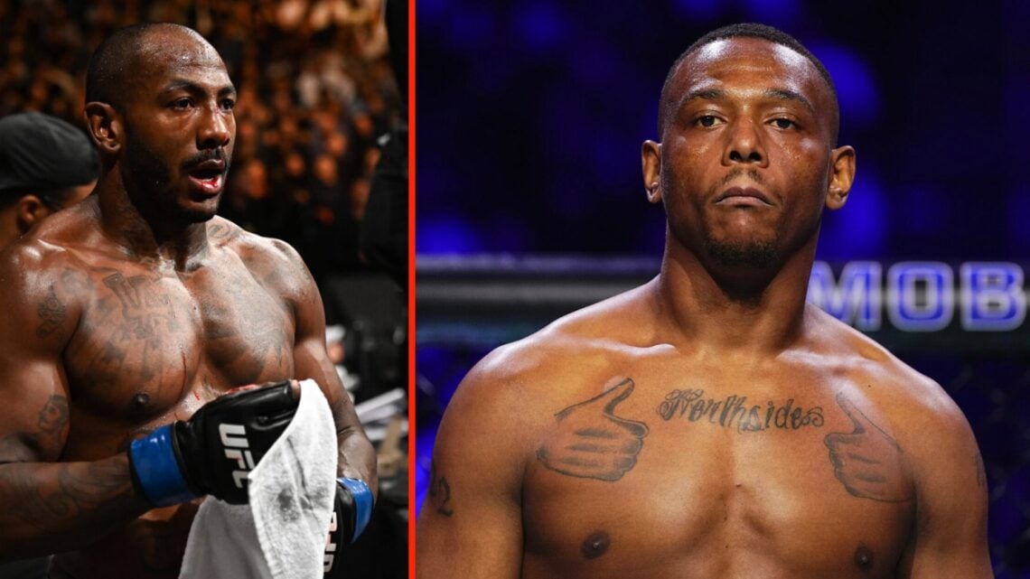 Jamahal Hill stares down opponent Alex Pereira ahead of their fight at UFC 300 and Khalil Rountree Jr in the octagon