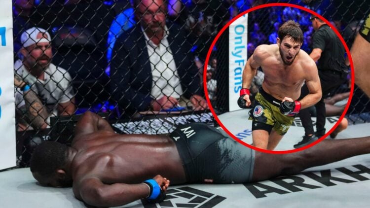 Anthony Ivy lays unconcious on the floor, Magomed Umalatov celebrates knocking him out at PFL 5.